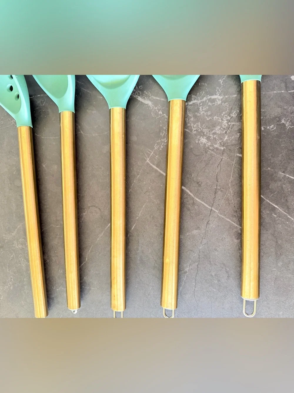 Cooking Utensils Green silicone w “brass” VGC